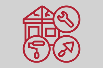 Symbol für Renovierung mit Haus, Werkzeugen und Malutensilien in roter Farbe.